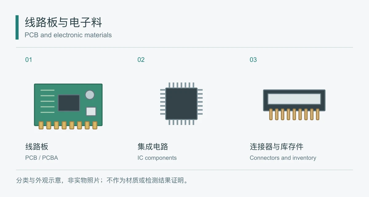 线路板与电子料分类示意图，非实物照片