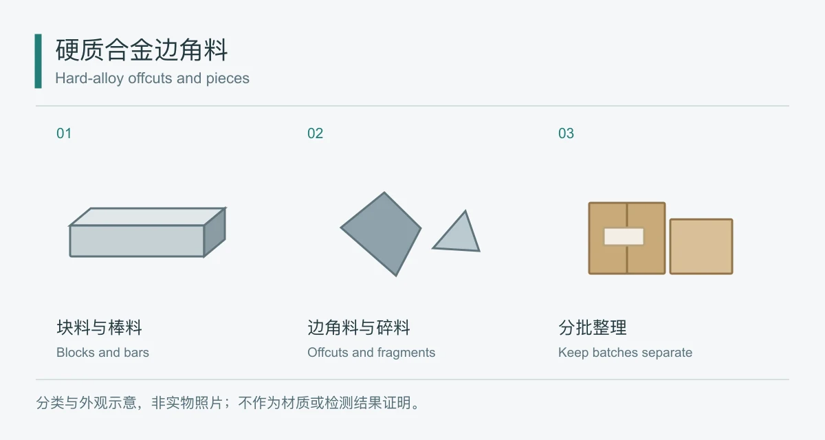 硬质合金边角料分类示意图，非实物照片
