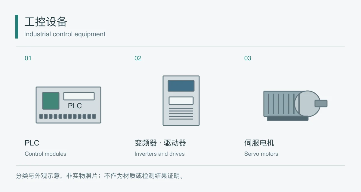 PLC变频器伺服设备分类示意图，非实物照片