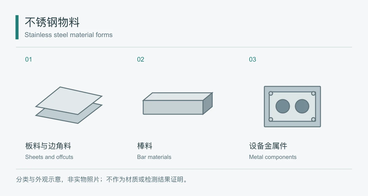 不锈钢物料分类示意图，非实物照片